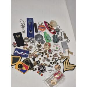 Mans Junk Drawer Trinket Lot Pins Patches Keychains Military